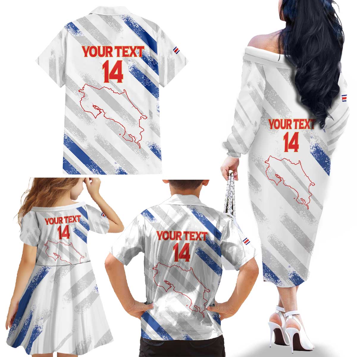 Custom Costa Rica Football Family Matching Off The Shoulder Long Sleeve Dress and Hawaiian Shirt Go Champions Los Ticos
