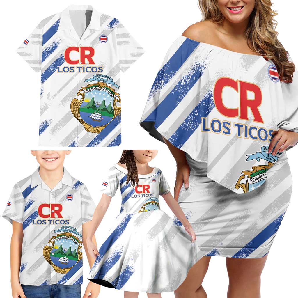 Custom Costa Rica Football Family Matching Off Shoulder Short Dress and Hawaiian Shirt Go Champions Los Ticos