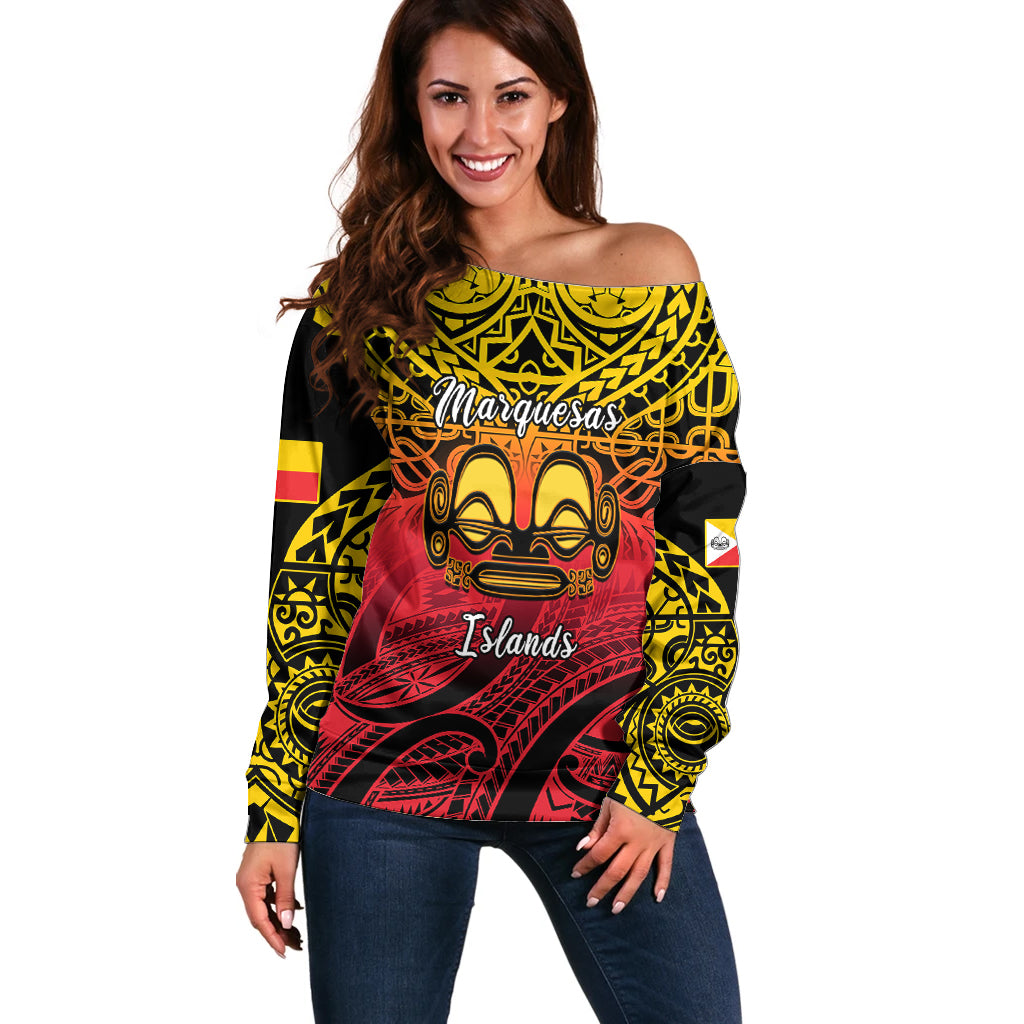 Personalised Marquesas Islands Off Shoulder Sweater Tiki Polynesian Marquesan Pattern - Wonder Print Shop
