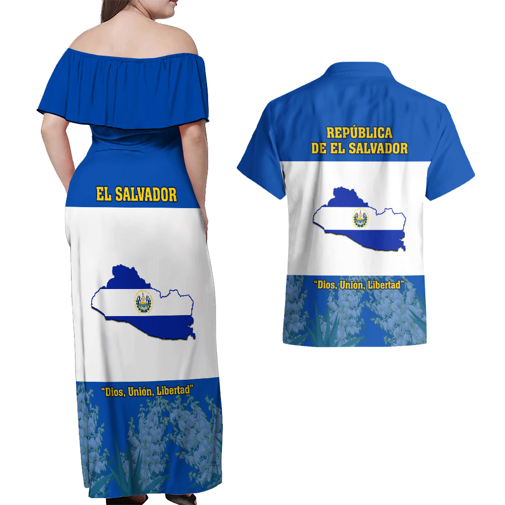 El Salvador Couples Matching Off Shoulder Maxi Dress and Hawaiian Shirt Coat Of Arms Mix Flor De Izote - Wonder Print Shop
