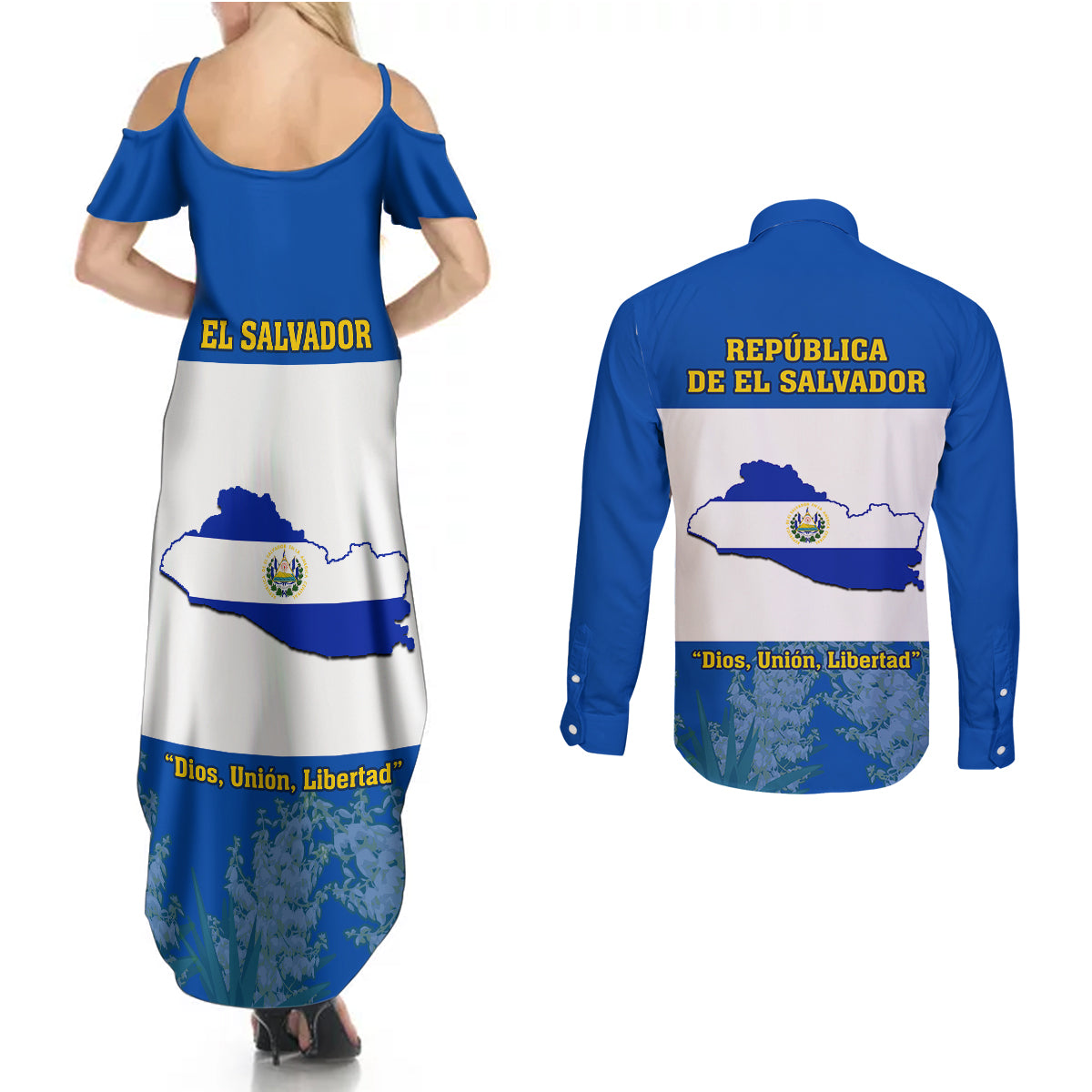 El Salvador Couples Matching Summer Maxi Dress and Long Sleeve Button Shirts Coat Of Arms Mix Flor De Izote - Wonder Print Shop