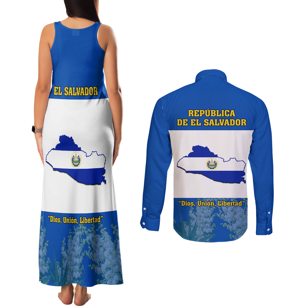 El Salvador Couples Matching Tank Maxi Dress and Long Sleeve Button Shirts Coat Of Arms Mix Flor De Izote - Wonder Print Shop