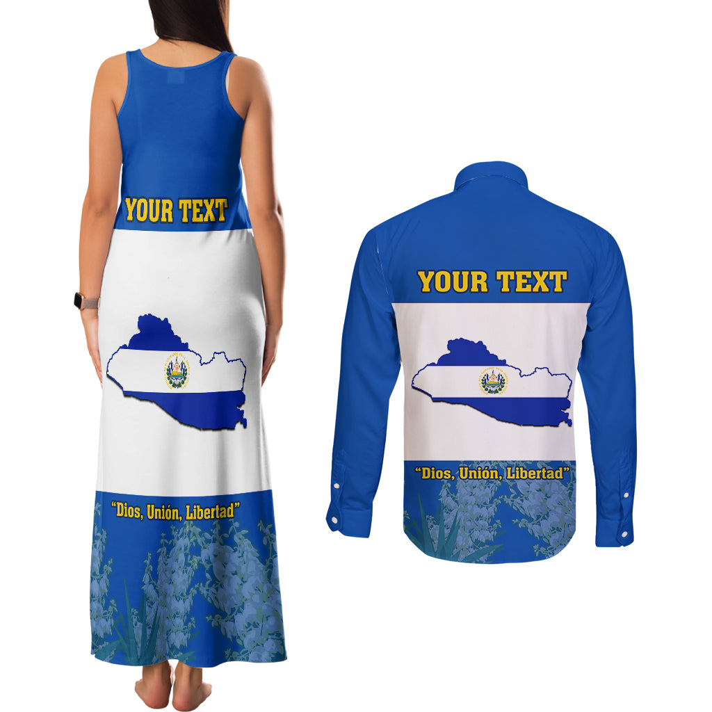 Custom El Salvador Couples Matching Tank Maxi Dress and Long Sleeve Button Shirts Coat Of Arms Mix Flor De Izote - Wonder Print Shop
