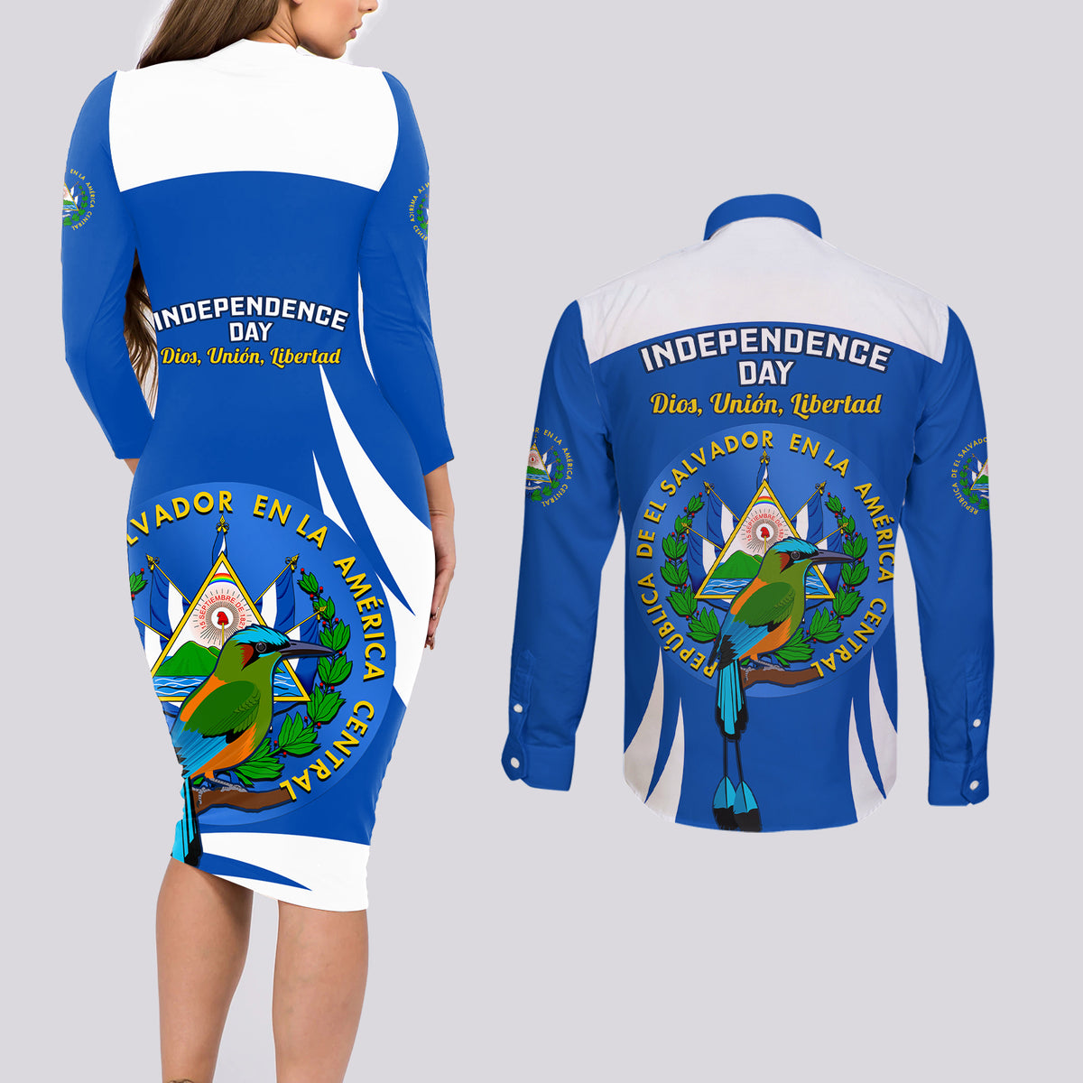 El Salvador Independence Day Couples Matching Long Sleeve Bodycon Dress and Long Sleeve Button Shirts Torogoz With Coat Of Arms Proud - Wonder Print Shop