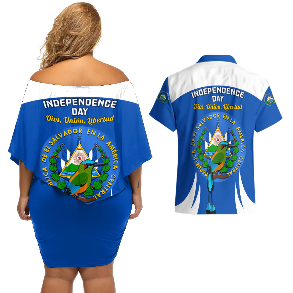 El Salvador Independence Day Couples Matching Off Shoulder Short Dress and Hawaiian Shirt Torogoz With Coat Of Arms Proud - Wonder Print Shop