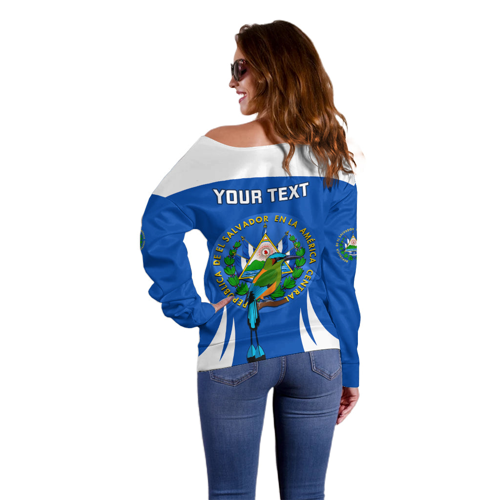 Custom El Salvador Independence Day Off Shoulder Sweater Torogoz With Coat Of Arms Proud - Wonder Print Shop