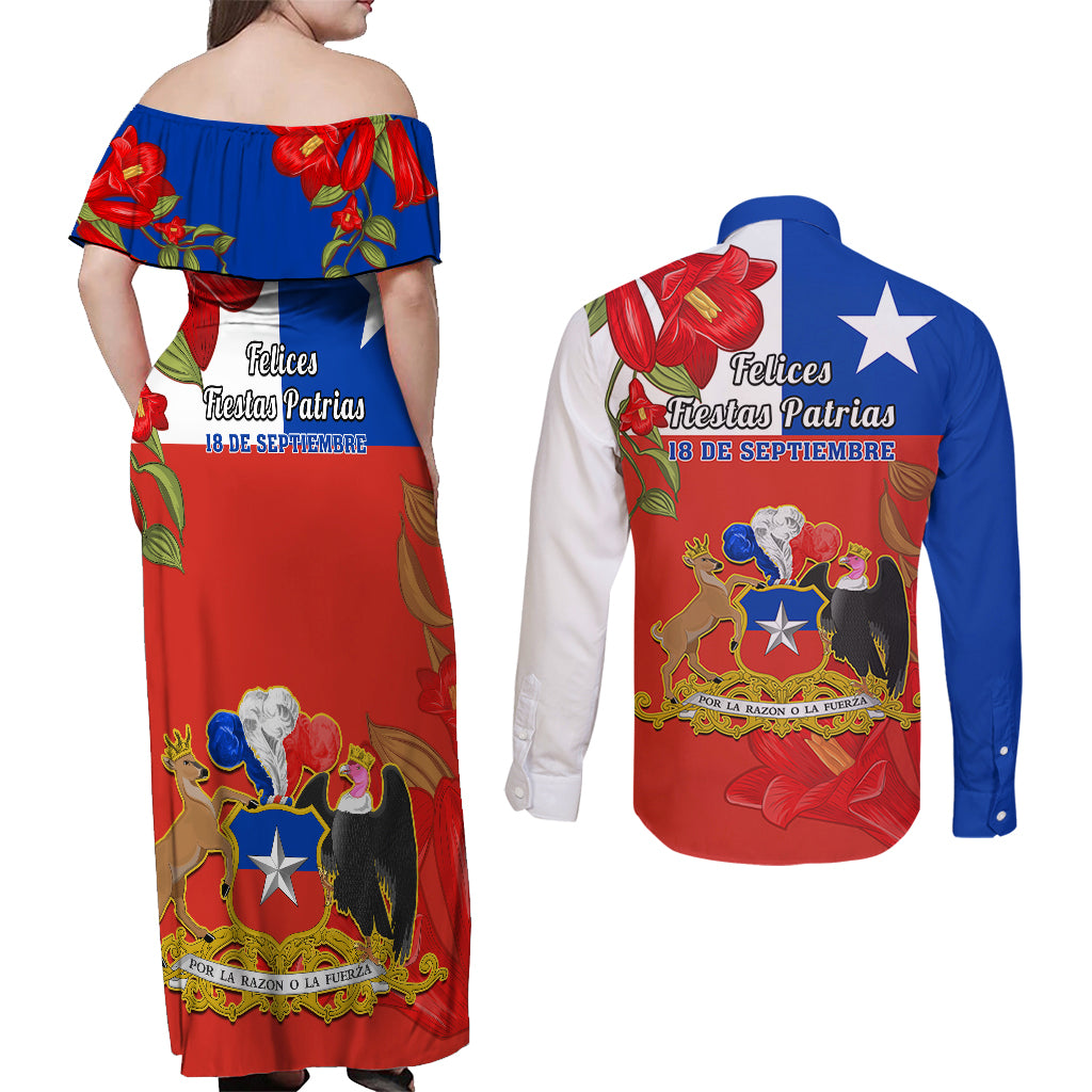 Chile Independence Day Couples Matching Off Shoulder Maxi Dress and Long Sleeve Button Shirts Chilean Copihue Felices Fiestas Patrias - Wonder Print Shop