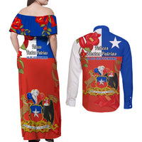 Chile Independence Day Couples Matching Off Shoulder Maxi Dress and Long Sleeve Button Shirts Chilean Copihue Felices Fiestas Patrias - Wonder Print Shop