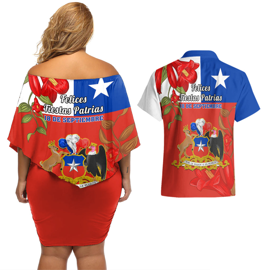 Chile Independence Day Couples Matching Off Shoulder Short Dress and Hawaiian Shirt Chilean Copihue Felices Fiestas Patrias - Wonder Print Shop