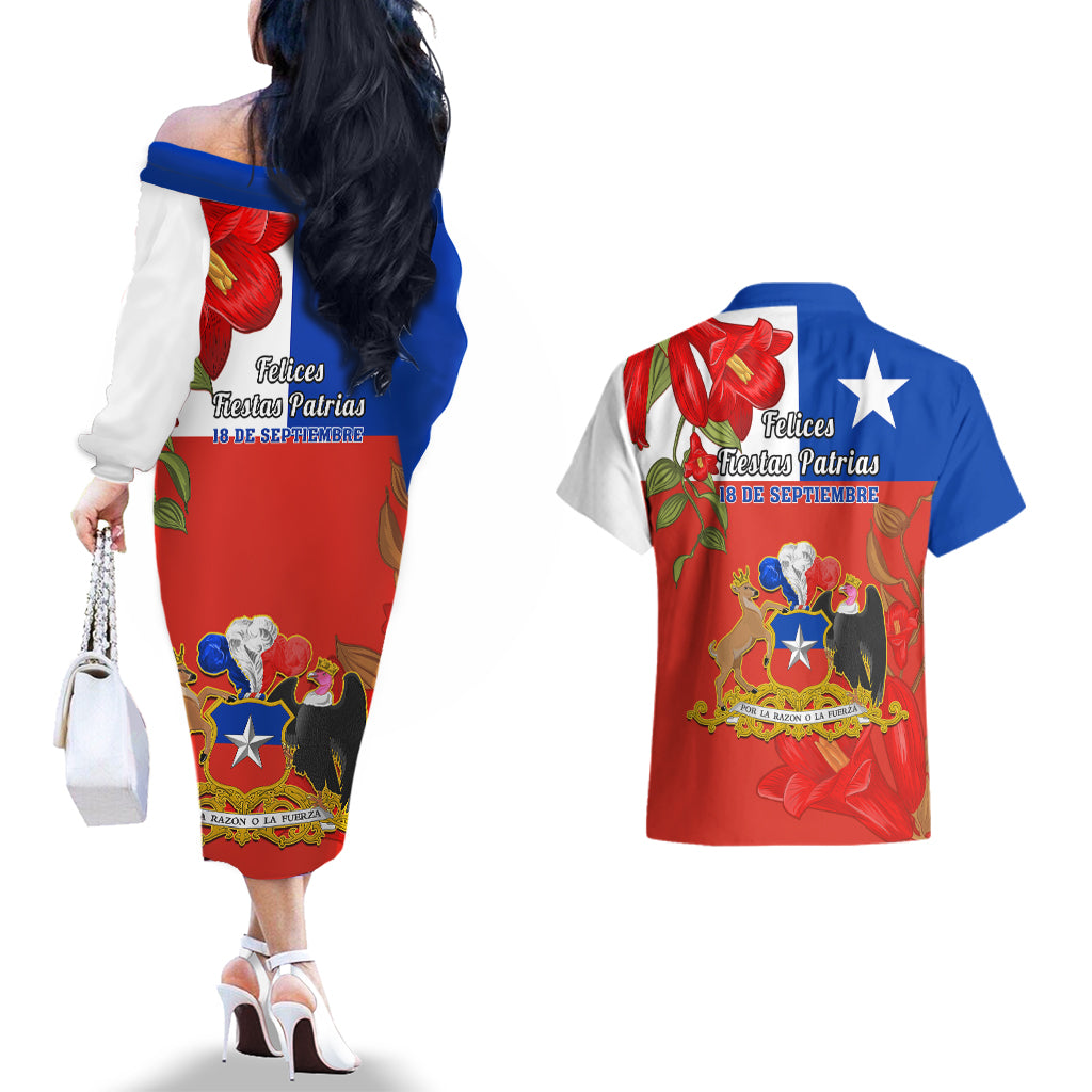 Chile Independence Day Couples Matching Off The Shoulder Long Sleeve Dress and Hawaiian Shirt Chilean Copihue Felices Fiestas Patrias - Wonder Print Shop