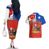 Chile Independence Day Couples Matching Off The Shoulder Long Sleeve Dress and Hawaiian Shirt Chilean Copihue Felices Fiestas Patrias - Wonder Print Shop