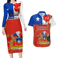 Custom Chile Independence Day Couples Matching Long Sleeve Bodycon Dress and Hawaiian Shirt Chilean Copihue Felices Fiestas Patrias - Wonder Print Shop