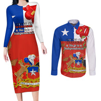 Custom Chile Independence Day Couples Matching Long Sleeve Bodycon Dress and Long Sleeve Button Shirts Chilean Copihue Felices Fiestas Patrias - Wonder Print Shop