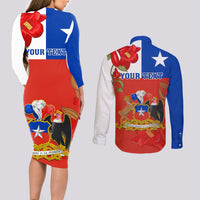 Custom Chile Independence Day Couples Matching Long Sleeve Bodycon Dress and Long Sleeve Button Shirts Chilean Copihue Felices Fiestas Patrias - Wonder Print Shop
