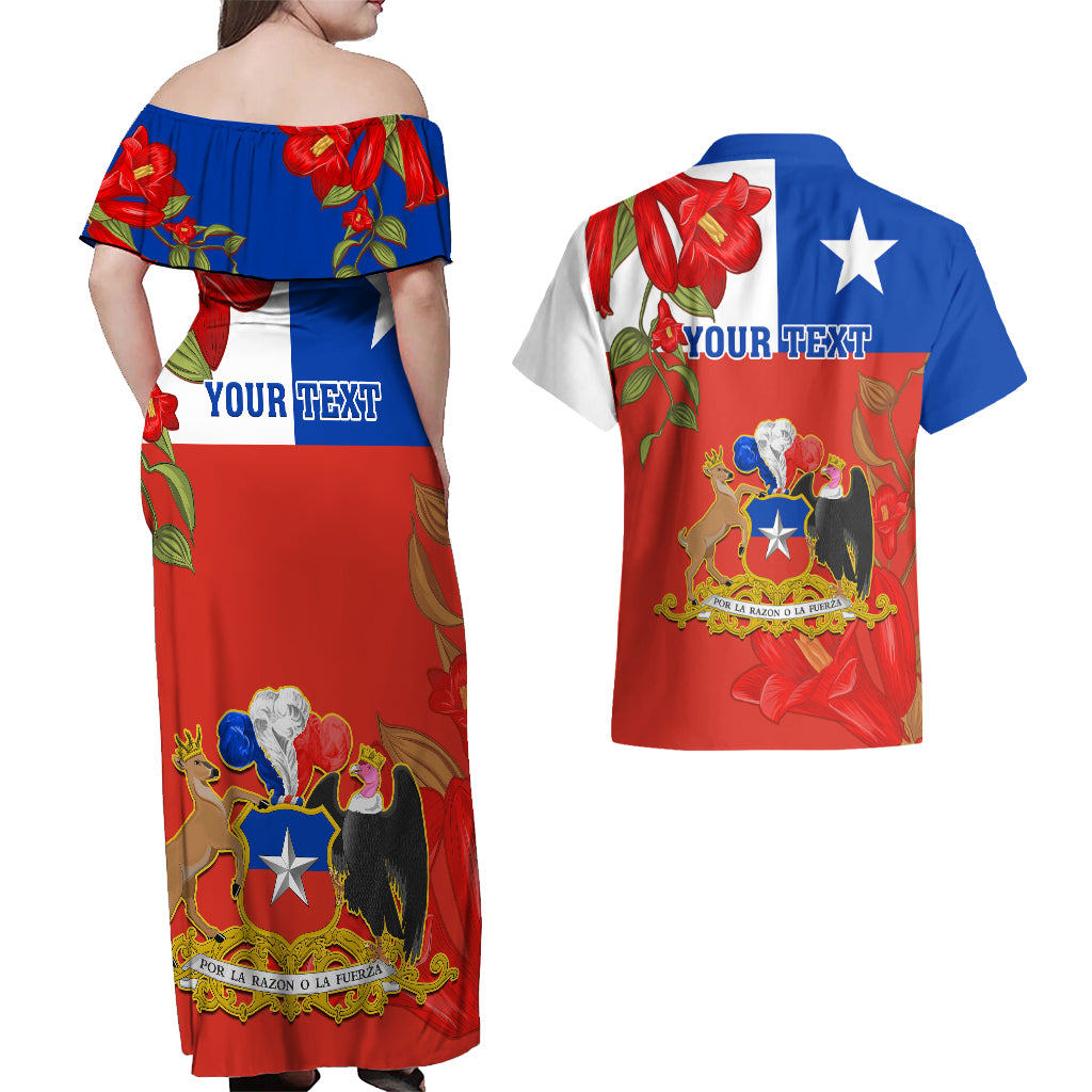 Custom Chile Independence Day Couples Matching Off Shoulder Maxi Dress and Hawaiian Shirt Chilean Copihue Felices Fiestas Patrias - Wonder Print Shop