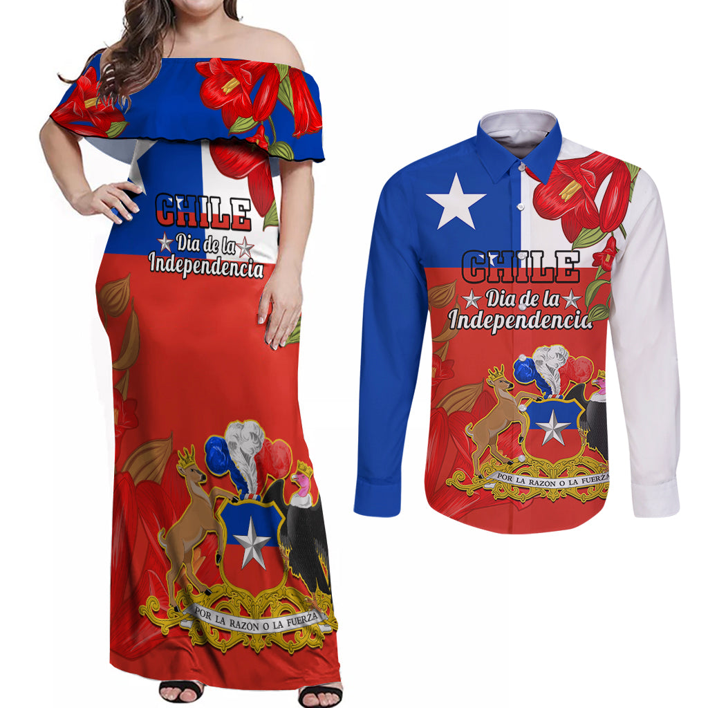 Custom Chile Independence Day Couples Matching Off Shoulder Maxi Dress and Long Sleeve Button Shirts Chilean Copihue Felices Fiestas Patrias - Wonder Print Shop