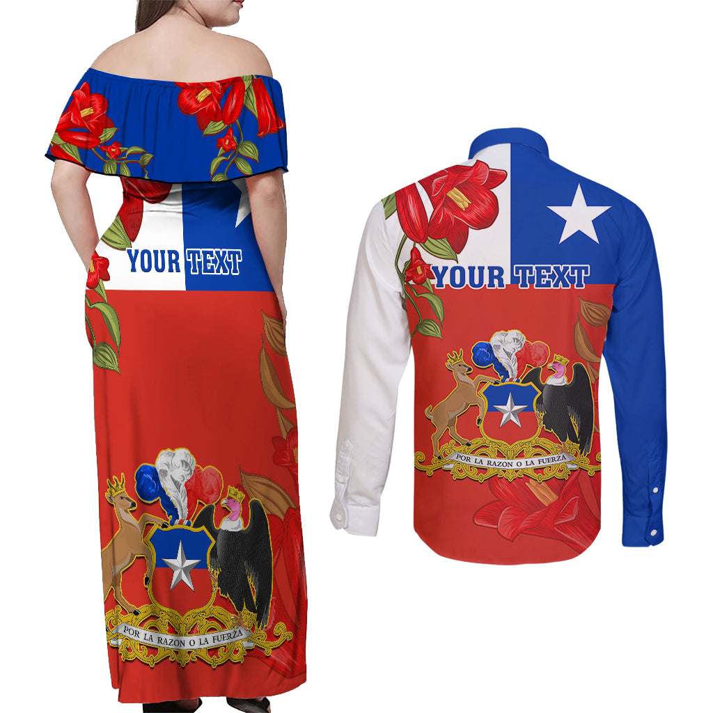 Custom Chile Independence Day Couples Matching Off Shoulder Maxi Dress and Long Sleeve Button Shirts Chilean Copihue Felices Fiestas Patrias - Wonder Print Shop