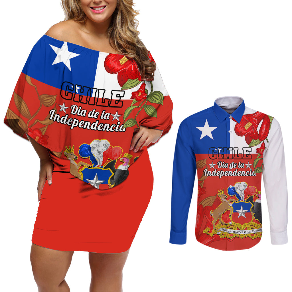 Custom Chile Independence Day Couples Matching Off Shoulder Short Dress and Long Sleeve Button Shirts Chilean Copihue Felices Fiestas Patrias - Wonder Print Shop