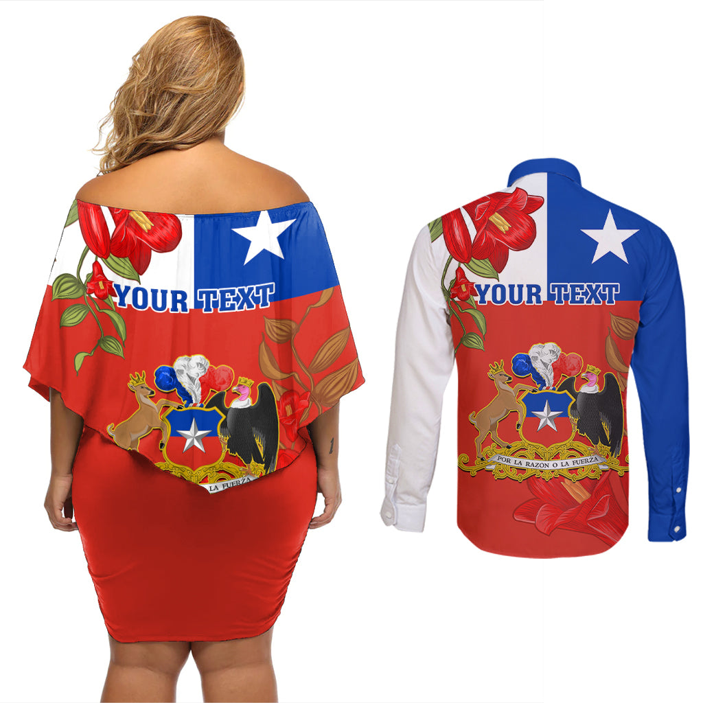 Custom Chile Independence Day Couples Matching Off Shoulder Short Dress and Long Sleeve Button Shirts Chilean Copihue Felices Fiestas Patrias - Wonder Print Shop