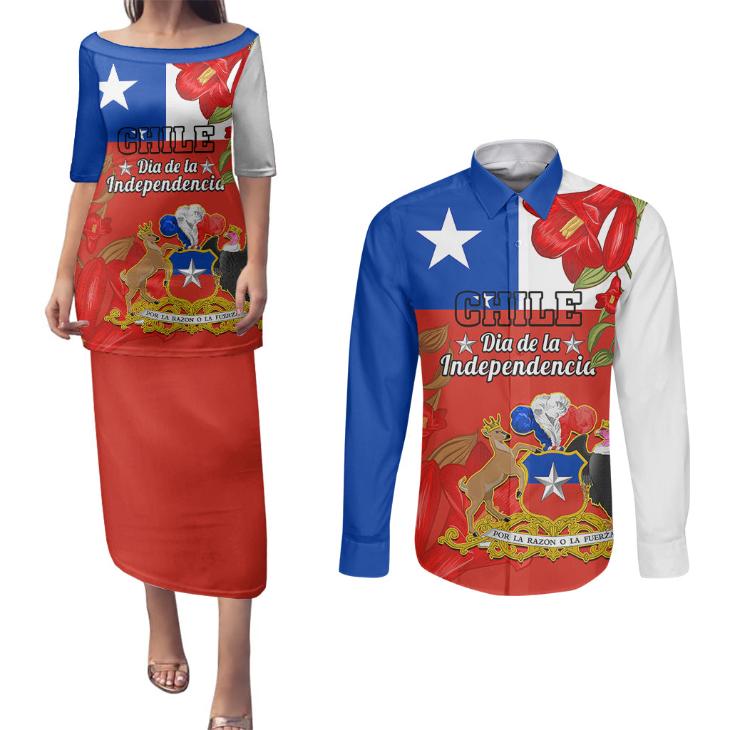 Custom Chile Independence Day Couples Matching Puletasi Dress and Long Sleeve Button Shirts Chilean Copihue Felices Fiestas Patrias - Wonder Print Shop