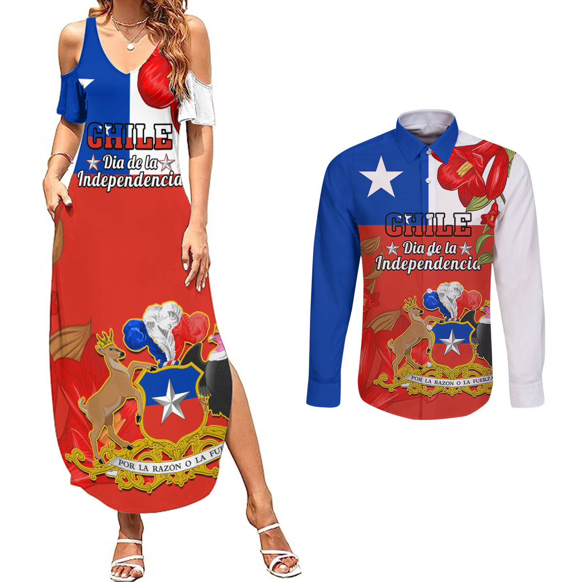 Custom Chile Independence Day Couples Matching Summer Maxi Dress and Long Sleeve Button Shirts Chilean Copihue Felices Fiestas Patrias - Wonder Print Shop