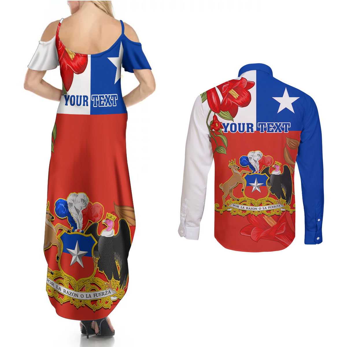 Custom Chile Independence Day Couples Matching Summer Maxi Dress and Long Sleeve Button Shirts Chilean Copihue Felices Fiestas Patrias - Wonder Print Shop