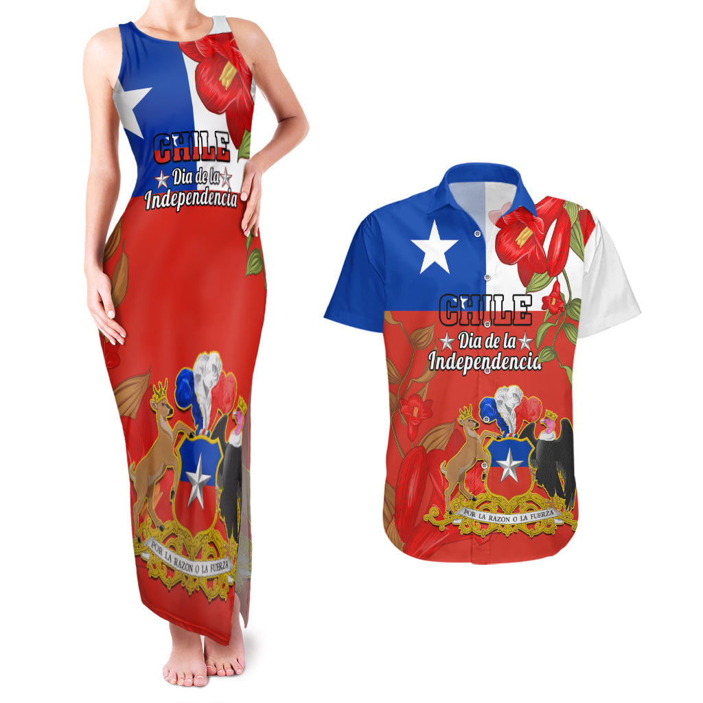 Custom Chile Independence Day Couples Matching Tank Maxi Dress And Hawaiian Shirt Chilean Copihue Felices Fiestas Patrias - Wonder Print Shop