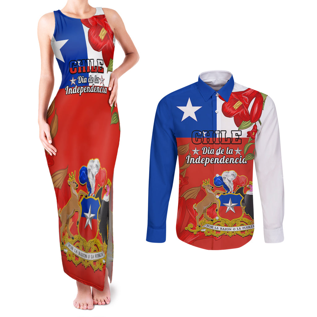 Custom Chile Independence Day Couples Matching Tank Maxi Dress and Long Sleeve Button Shirts Chilean Copihue Felices Fiestas Patrias - Wonder Print Shop