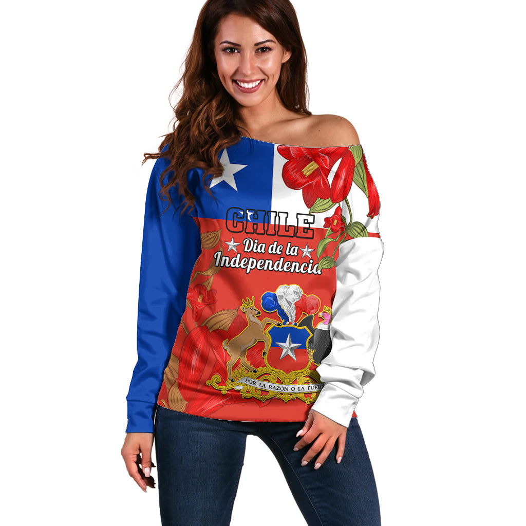 Custom Chile Independence Day Off Shoulder Sweater Chilean Copihue Felices Fiestas Patrias - Wonder Print Shop