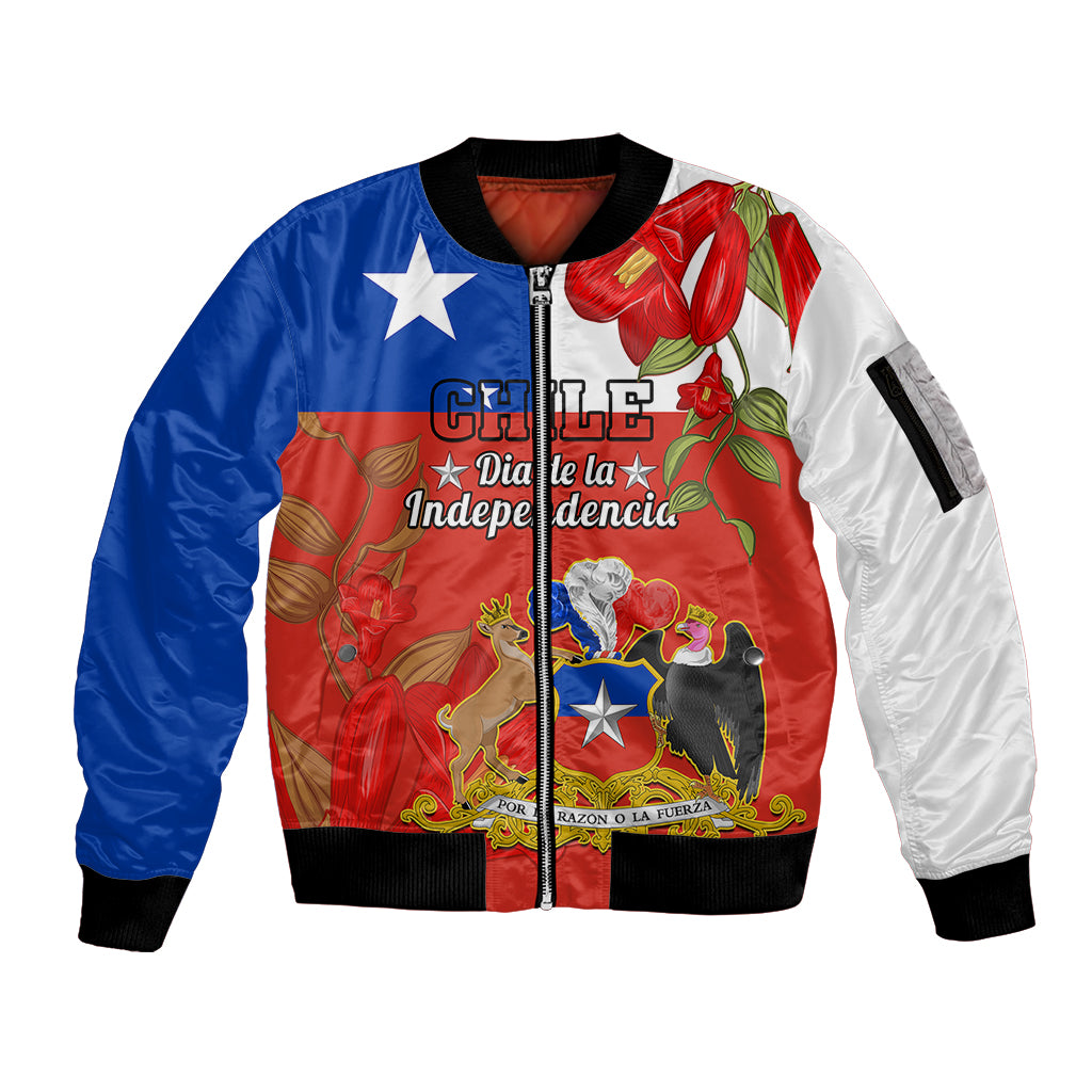 Custom Chile Independence Day Sleeve Zip Bomber Jacket Chilean Copihue Felices Fiestas Patrias - Wonder Print Shop