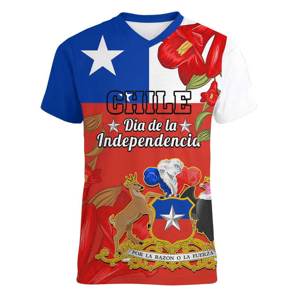 Custom Chile Independence Day Women V Neck T Shirt Chilean Copihue Felices Fiestas Patrias - Wonder Print Shop