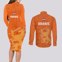 Netherlands Football Couples Matching Long Sleeve Bodycon Dress and Long Sleeve Button Shirts Go Oranje 2023 World Cup - Wonder Print Shop