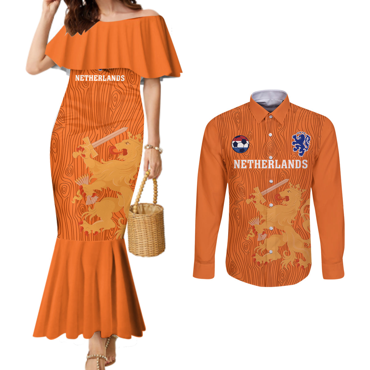 netherlands-football-couples-matching-mermaid-dress-and-long-sleeve-button-shirts-go-oranje-2023-world-cup