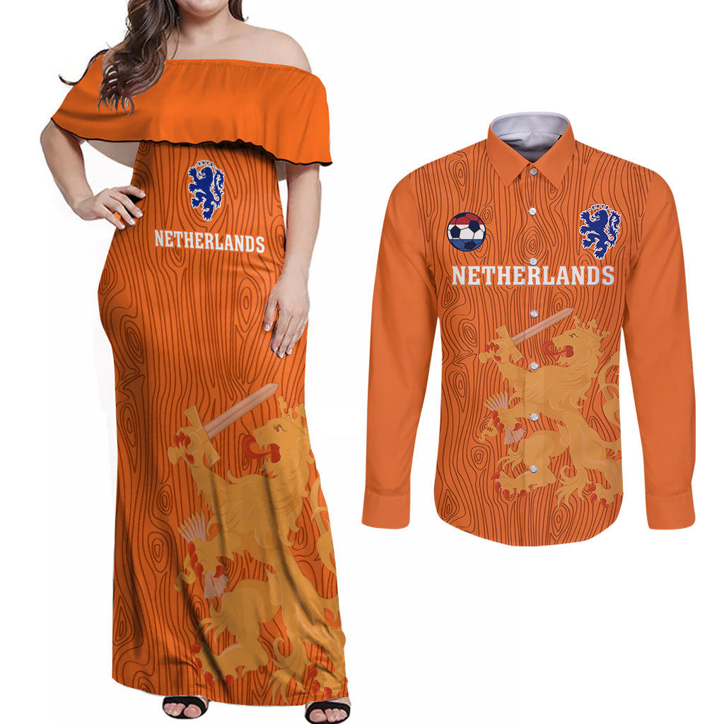 netherlands-football-couples-matching-off-shoulder-maxi-dress-and-long-sleeve-button-shirts-go-oranje-2023-world-cup