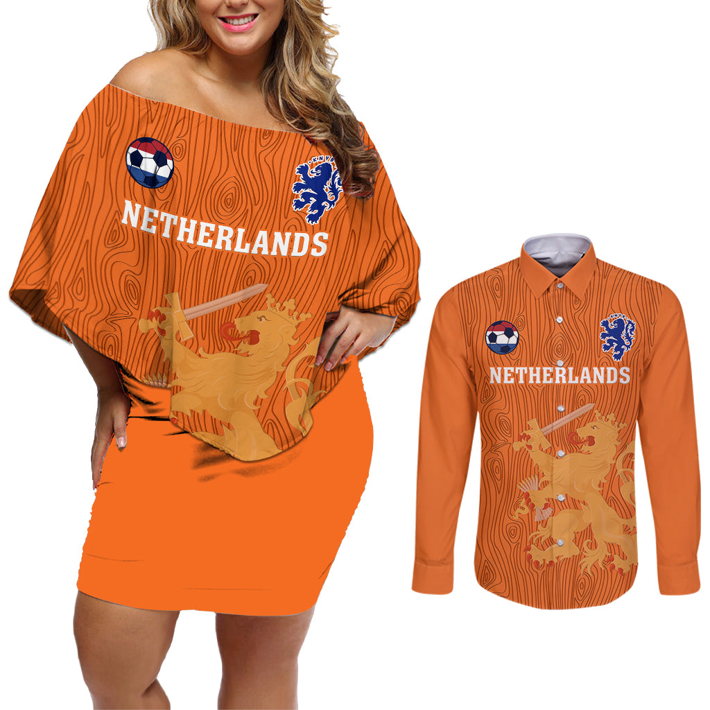 netherlands-football-couples-matching-off-shoulder-short-dress-and-long-sleeve-button-shirts-go-oranje-2023-world-cup
