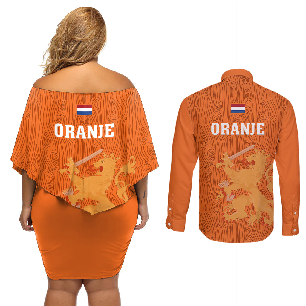 Netherlands Football Couples Matching Off Shoulder Short Dress and Long Sleeve Button Shirts Go Oranje 2023 World Cup - Wonder Print Shop
