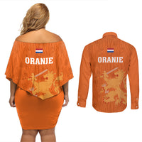 Netherlands Football Couples Matching Off Shoulder Short Dress and Long Sleeve Button Shirts Go Oranje 2023 World Cup - Wonder Print Shop
