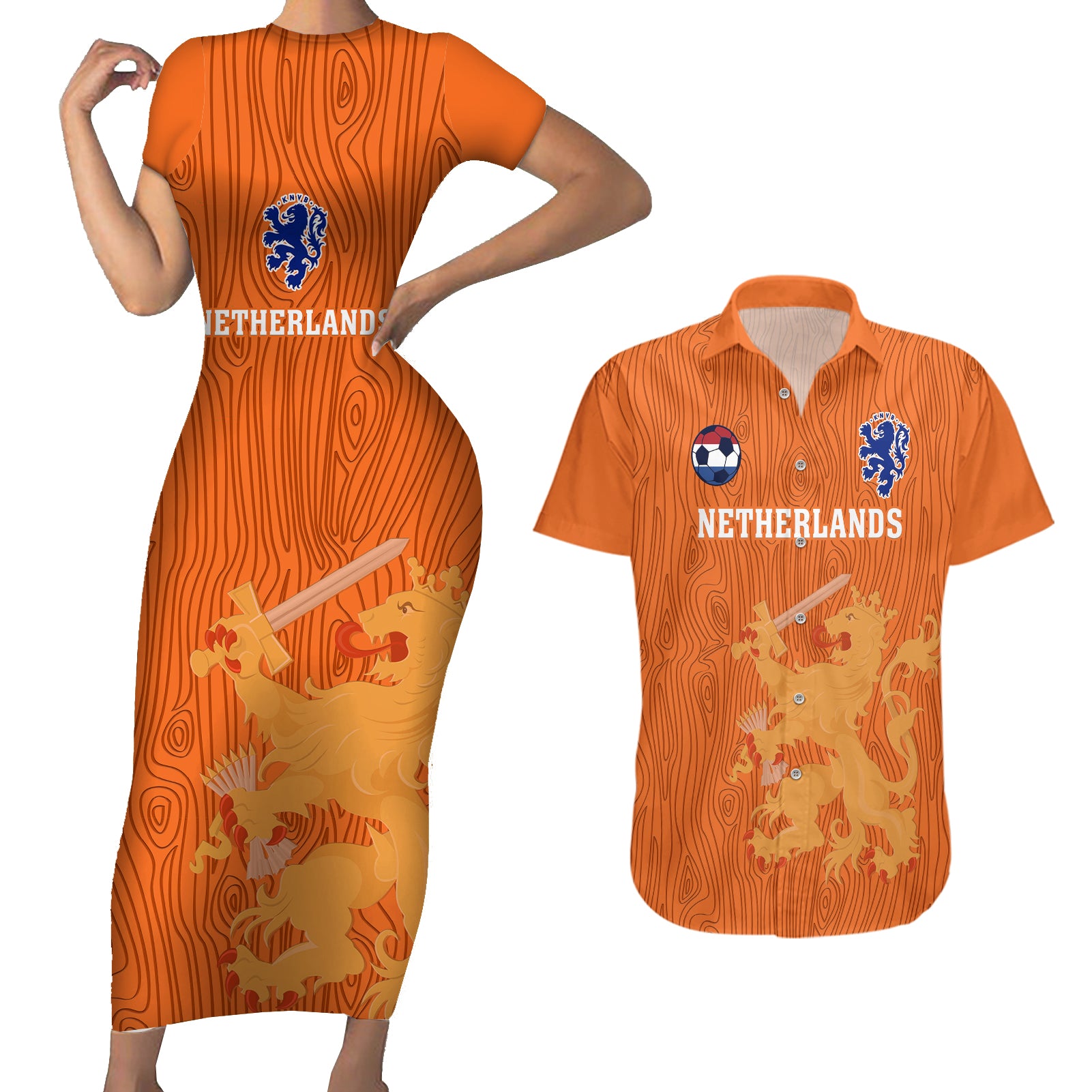 Netherlands Football Couples Matching Short Sleeve Bodycon Dress and Hawaiian Shirt Go Oranje 2023 World Cup - Wonder Print Shop
