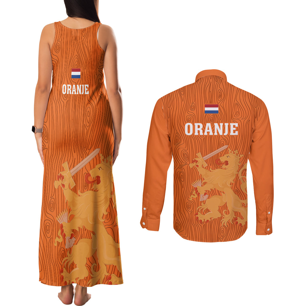 Netherlands Football Couples Matching Tank Maxi Dress and Long Sleeve Button Shirts Go Oranje 2023 World Cup - Wonder Print Shop