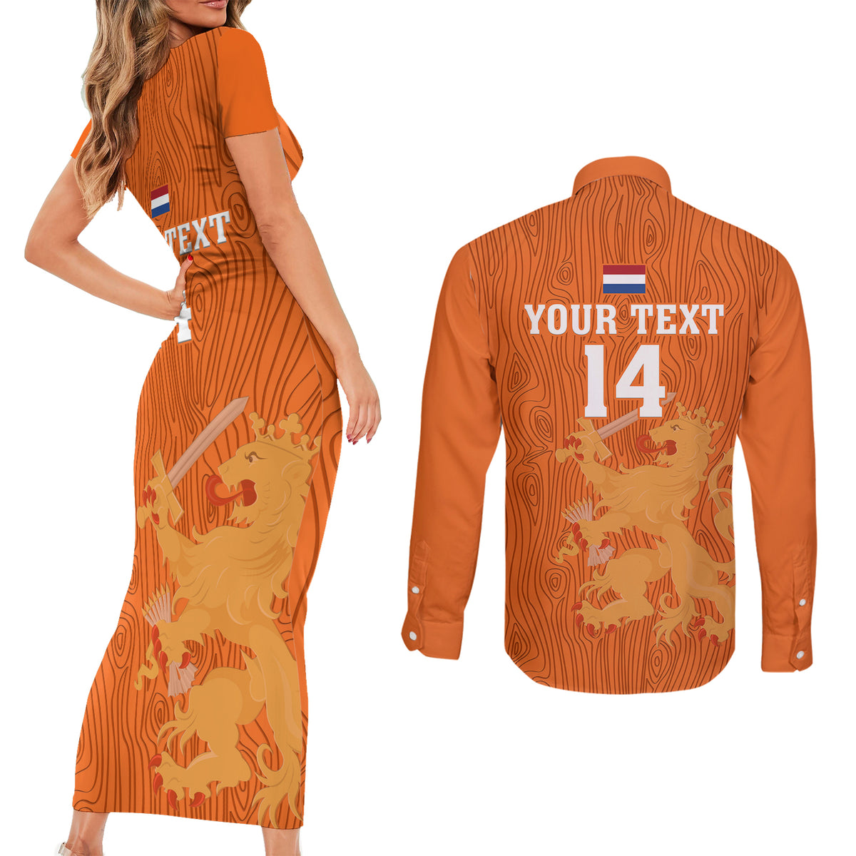 Custom Netherlands Football Couples Matching Short Sleeve Bodycon Dress and Long Sleeve Button Shirts Go Oranje 2023 World Cup - Wonder Print Shop