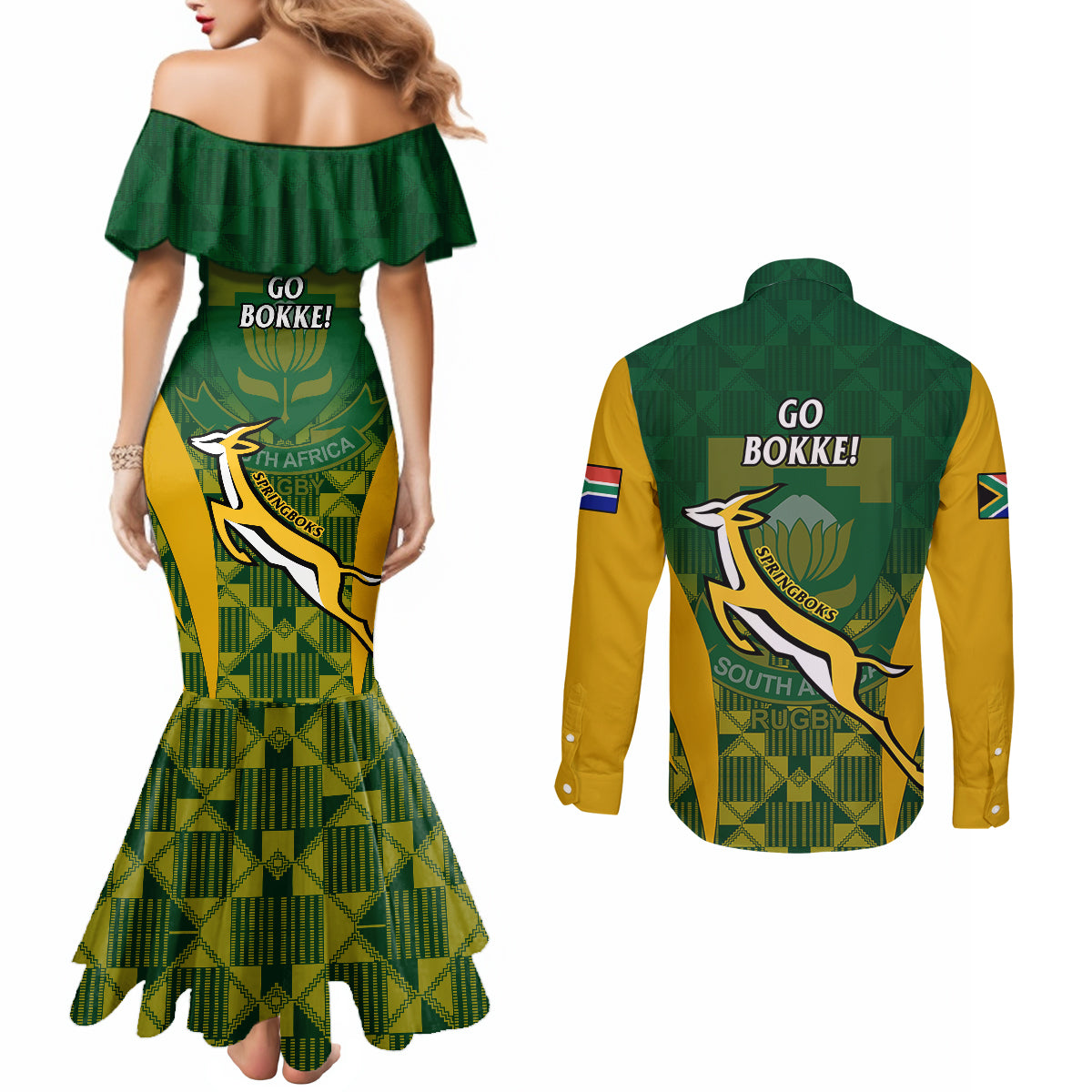 south-africa-rugby-couples-matching-mermaid-dress-and-long-sleeve-button-shirts-go-springboks-kente-pattern-with-bokke