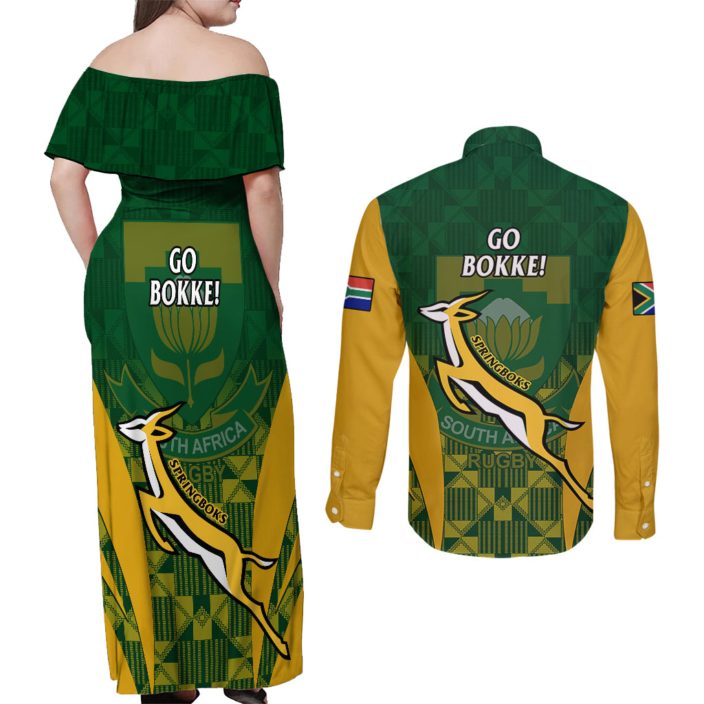 South Africa Rugby Couples Matching Off Shoulder Maxi Dress and Long Sleeve Button Shirts Go Springboks Kente Pattern With Bokke - Wonder Print Shop