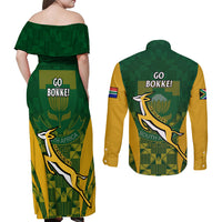 South Africa Rugby Couples Matching Off Shoulder Maxi Dress and Long Sleeve Button Shirts Go Springboks Kente Pattern With Bokke - Wonder Print Shop