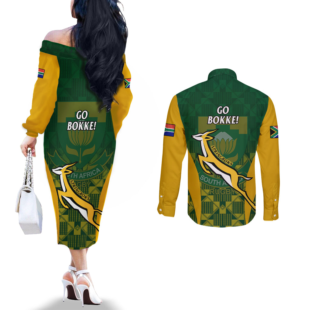 south-africa-rugby-couples-matching-off-the-shoulder-long-sleeve-dress-and-long-sleeve-button-shirts-go-springboks-kente-pattern-with-bokke