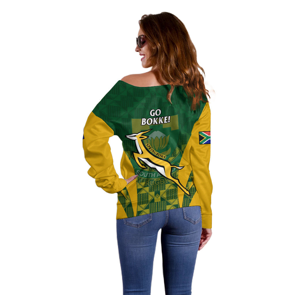 South Africa Rugby Off Shoulder Sweater Go Springboks Kente Pattern With Bokke - Wonder Print Shop