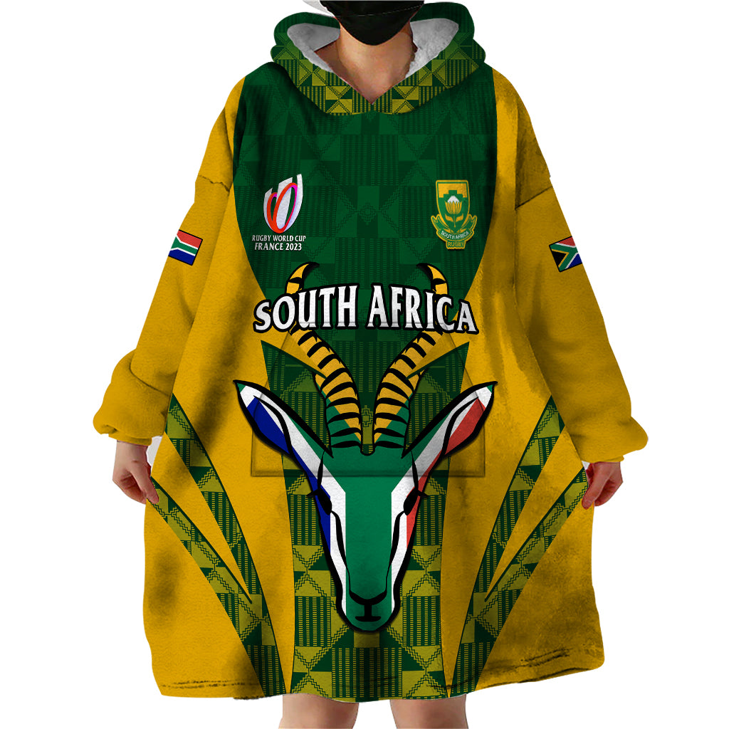 South Africa Rugby Wearable Blanket Hoodie Go Springboks Kente Pattern With Bokke - Wonder Print Shop