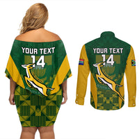 Custom South Africa Rugby Couples Matching Off Shoulder Short Dress and Long Sleeve Button Shirts Go Springboks Kente Pattern With Bokke - Wonder Print Shop