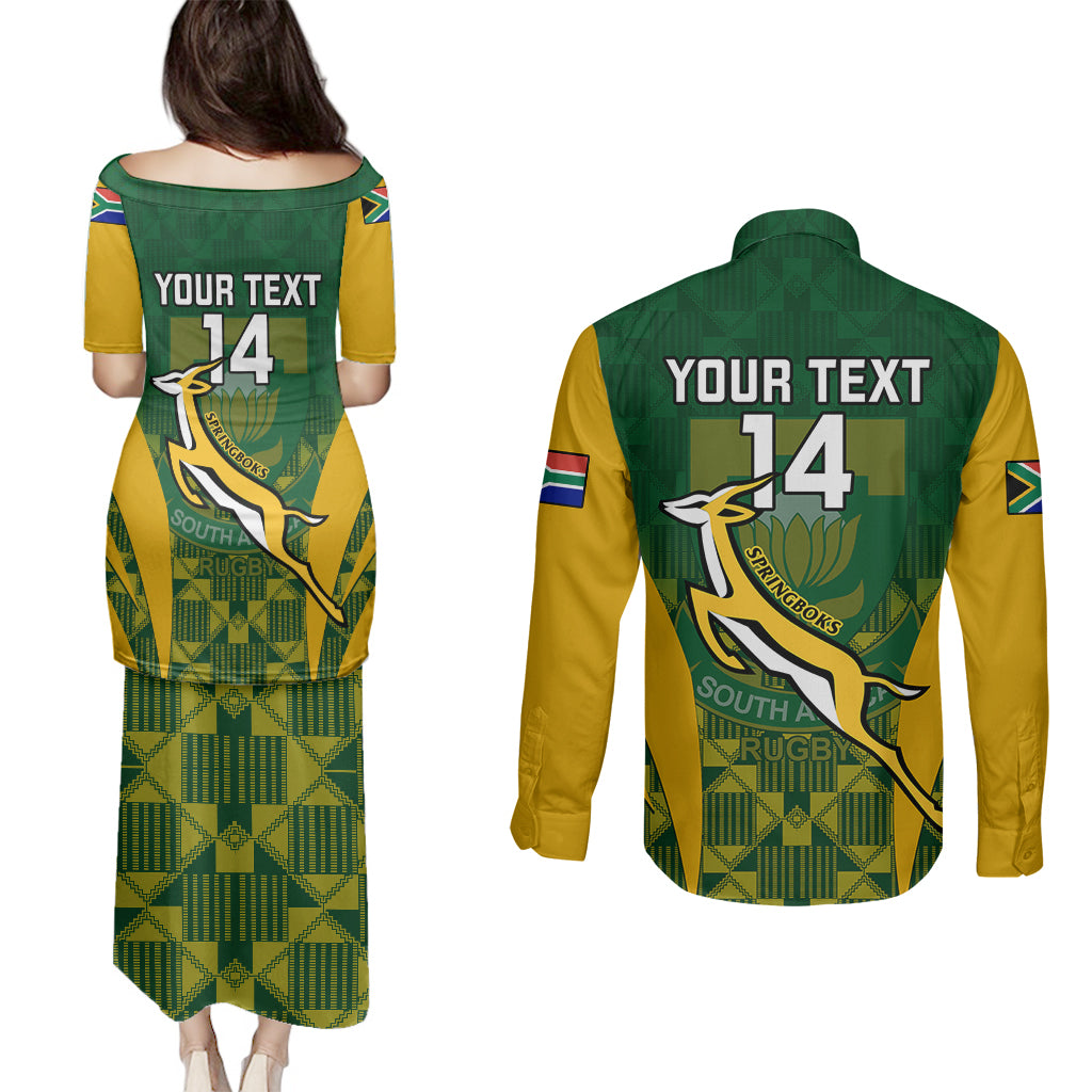 Custom South Africa Rugby Couples Matching Puletasi Dress and Long Sleeve Button Shirts Go Springboks Kente Pattern With Bokke - Wonder Print Shop