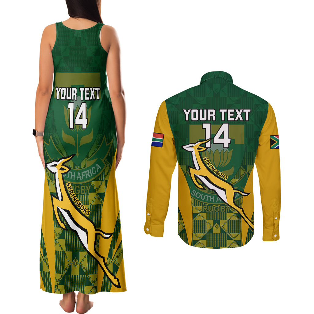 Custom South Africa Rugby Couples Matching Tank Maxi Dress and Long Sleeve Button Shirts Go Springboks Kente Pattern With Bokke - Wonder Print Shop