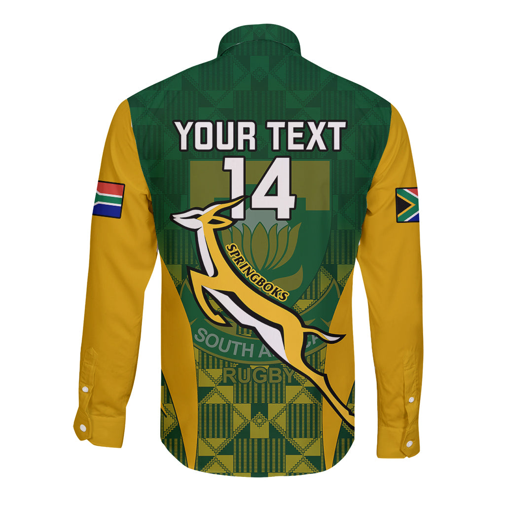 Custom South Africa Rugby Long Sleeve Button Shirt Go Springboks Kente Pattern With Bokke - Wonder Print Shop
